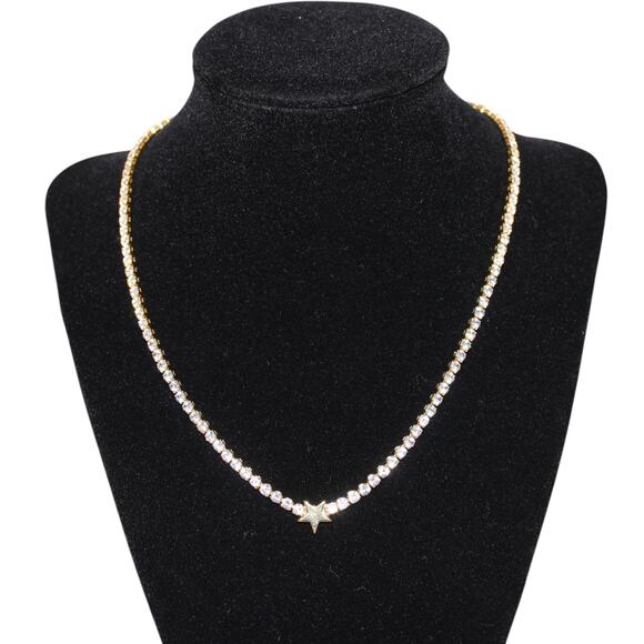 Tennis Necklace Choker With Gold Star Jeweled Necklace - Picture 2 of 8